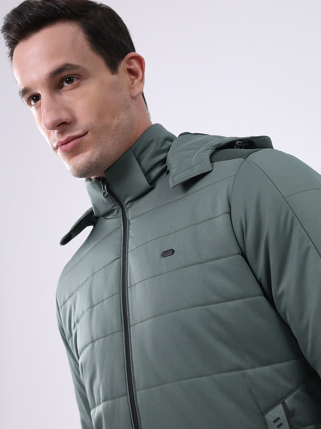 Men Green Solid Hooded Full Sleeve Jacket