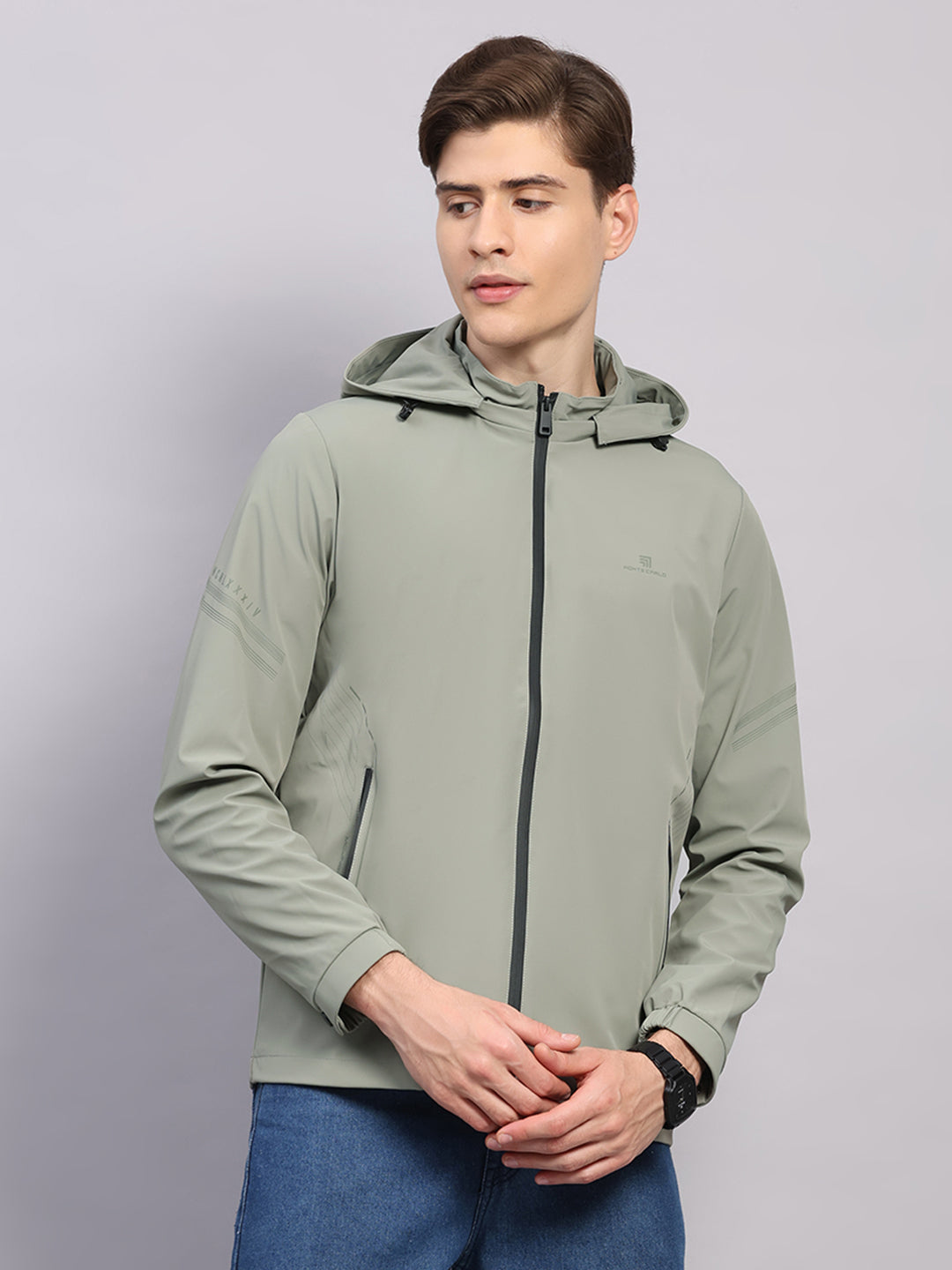 Men Cream Solid Hooded Full Sleeve Jacket