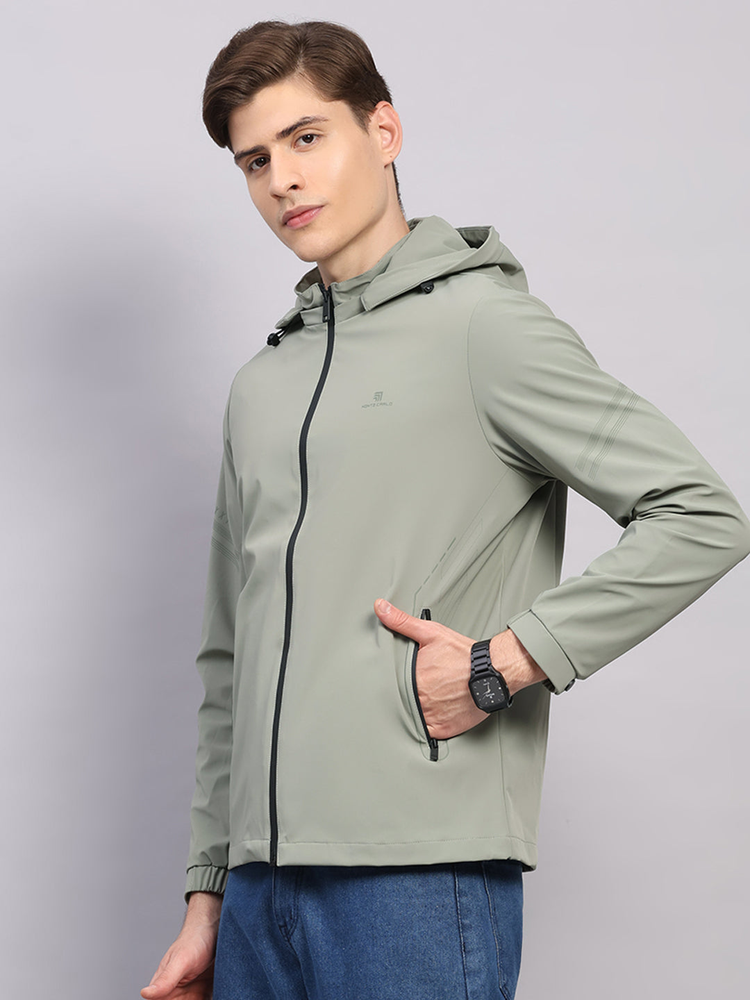 Men Cream Solid Hooded Full Sleeve Jacket