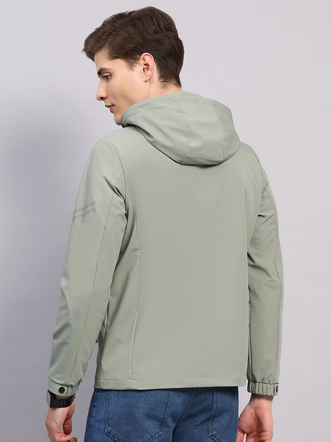 Men Cream Solid Hooded Full Sleeve Jacket