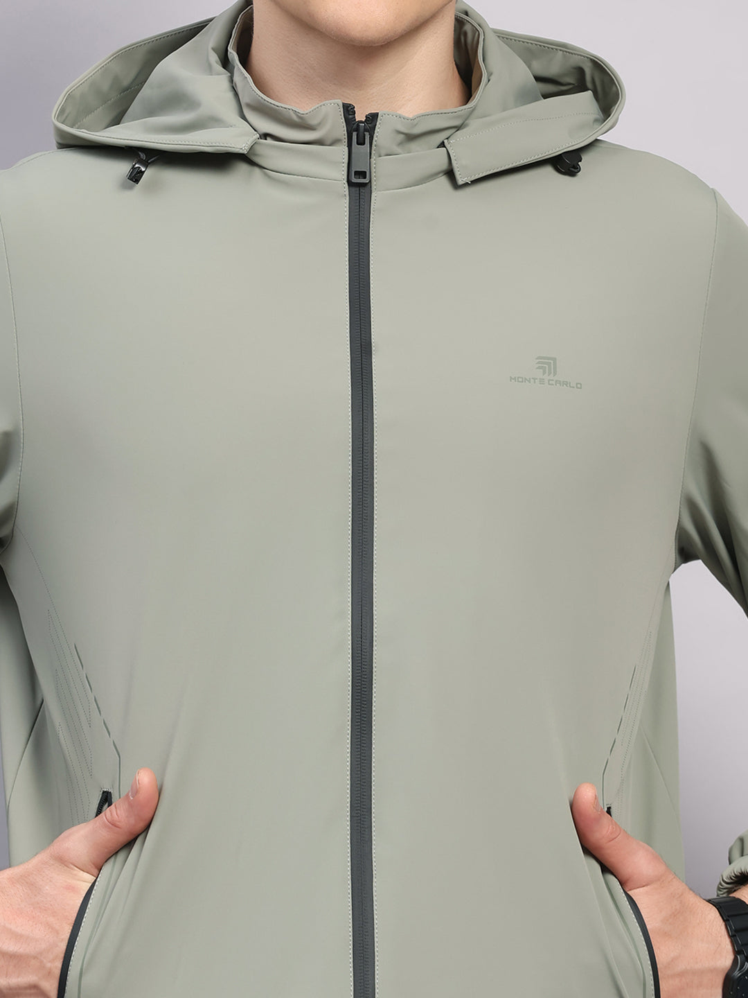 Men Cream Solid Hooded Full Sleeve Jacket