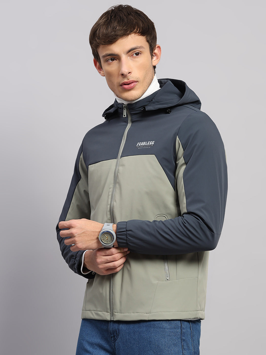 Men Blue Solid Hooded Full Sleeve Jacket