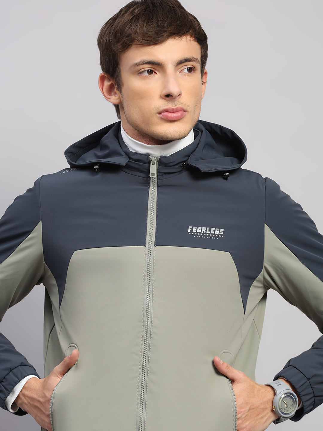 Men Blue Solid Hooded Full Sleeve Jacket