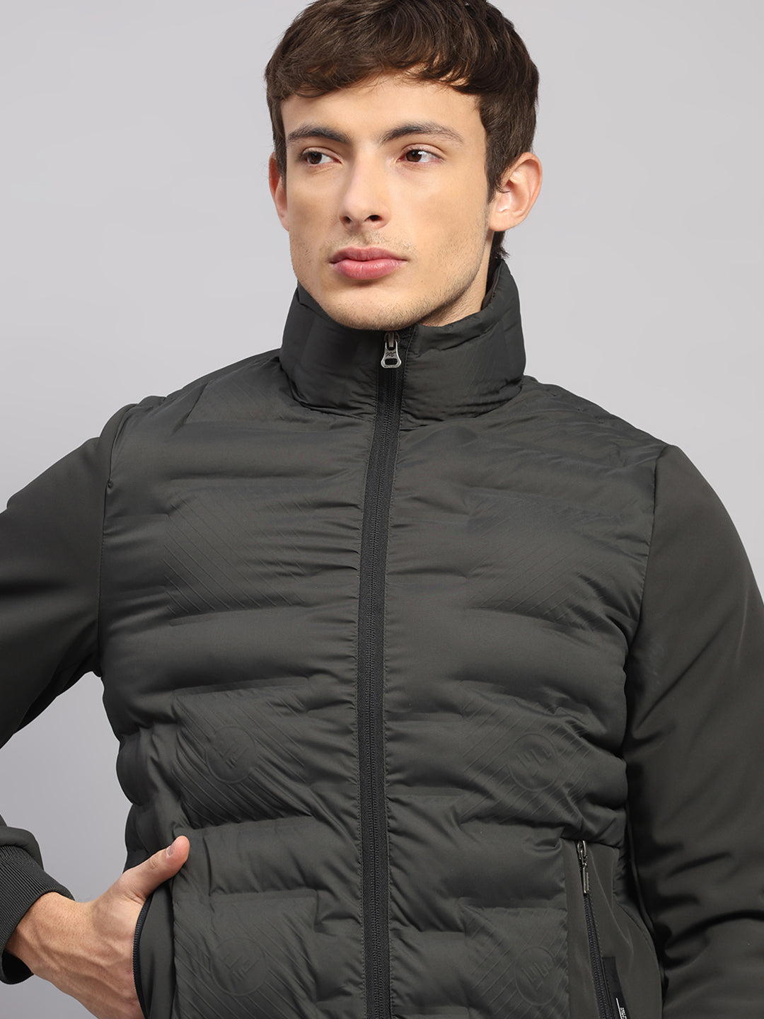 Men Olive Solid Mock Neck Full Sleeve Jacket