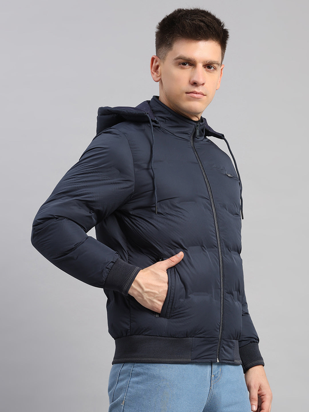 Men Navy Blue Solid Hooded Full Sleeve Jacket