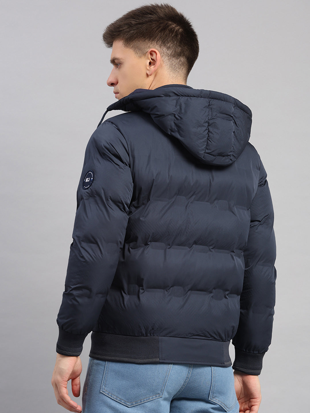 Men Navy Blue Solid Hooded Full Sleeve Jacket