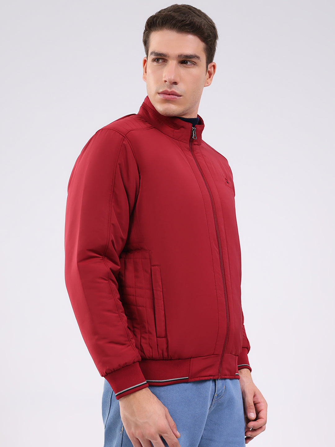 Men Maroon Solid Mock Neck Full Sleeve Jacket