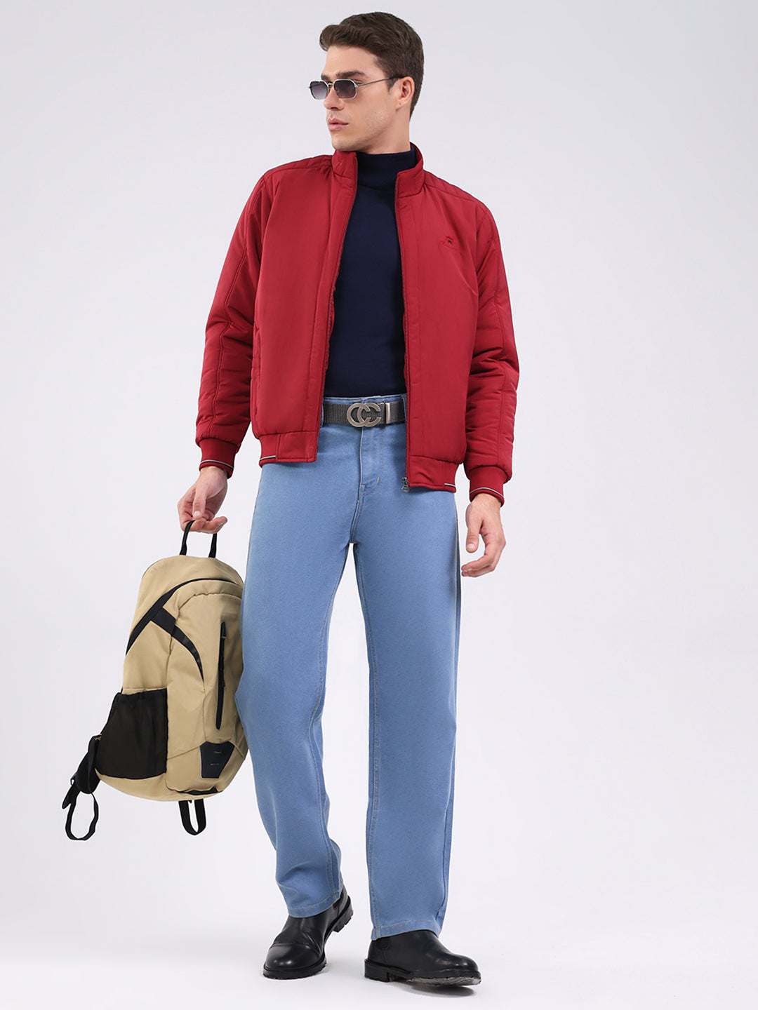 Men Maroon Solid Mock Neck Full Sleeve Jacket