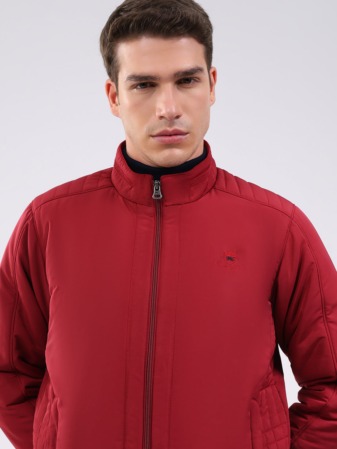 Men Maroon Solid Mock Neck Full Sleeve Jacket