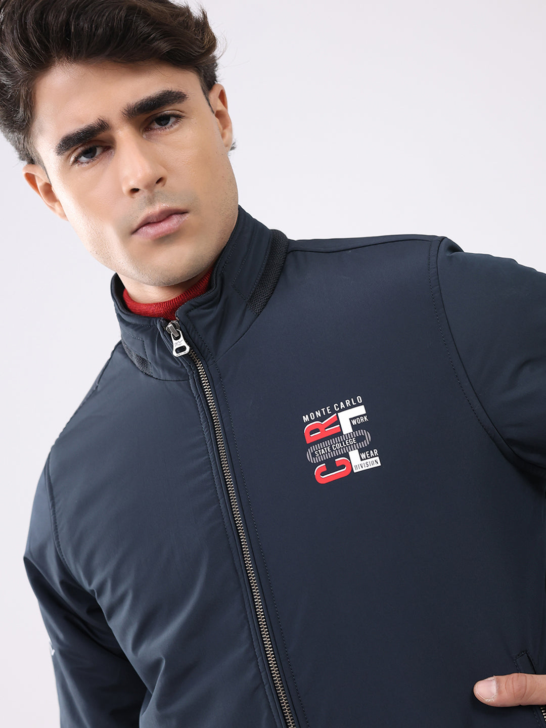 Men Navy Blue Solid Collar Full Sleeve Jacket