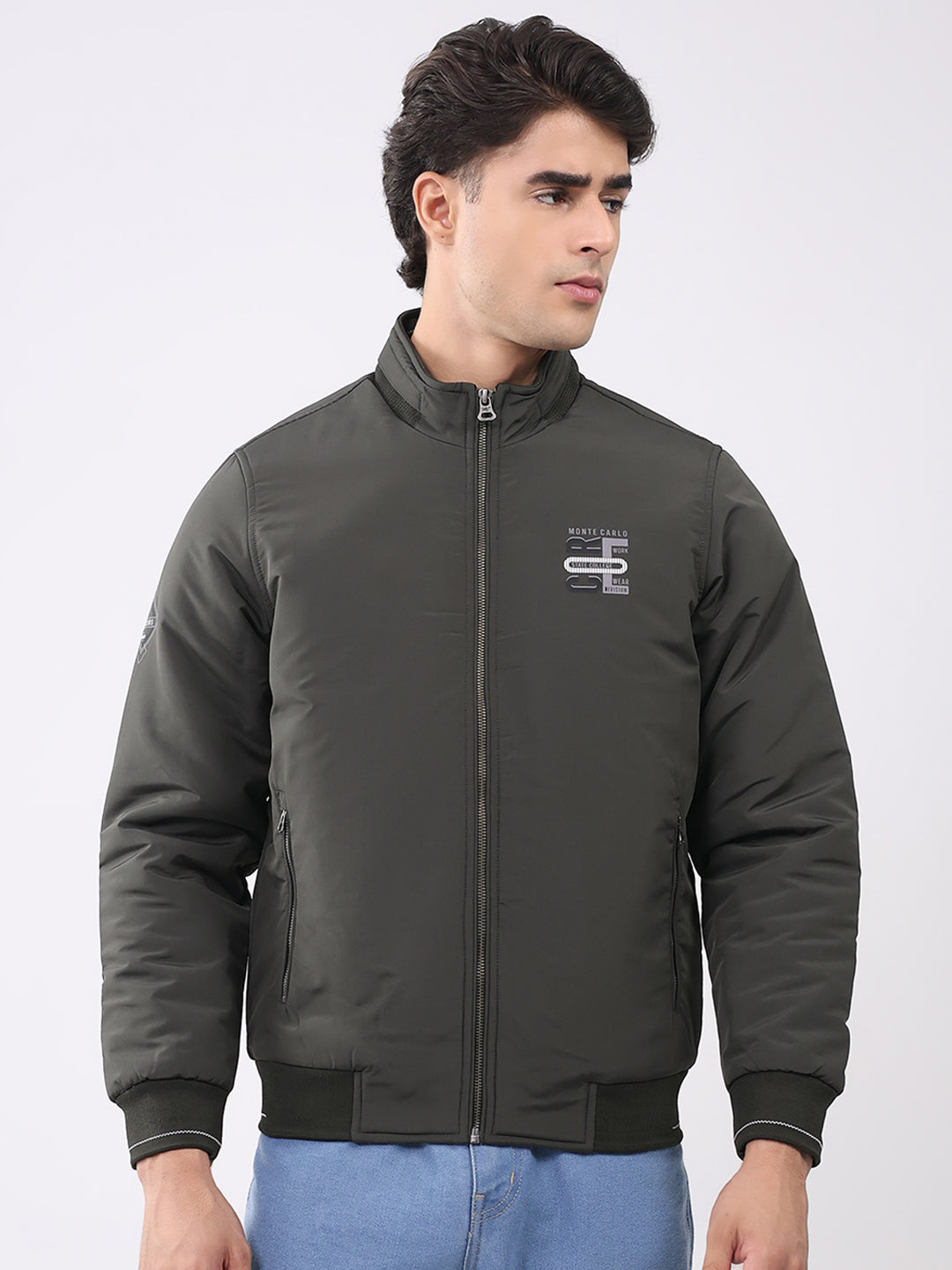 Men Olive Solid Collar Full Sleeve Jacket