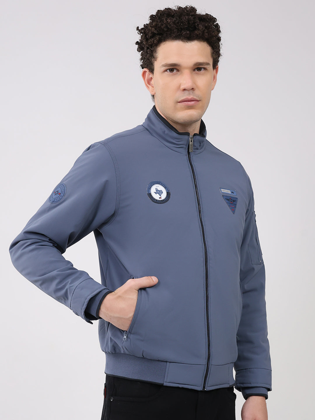 Men Blue Solid Collar Full Sleeve Jacket