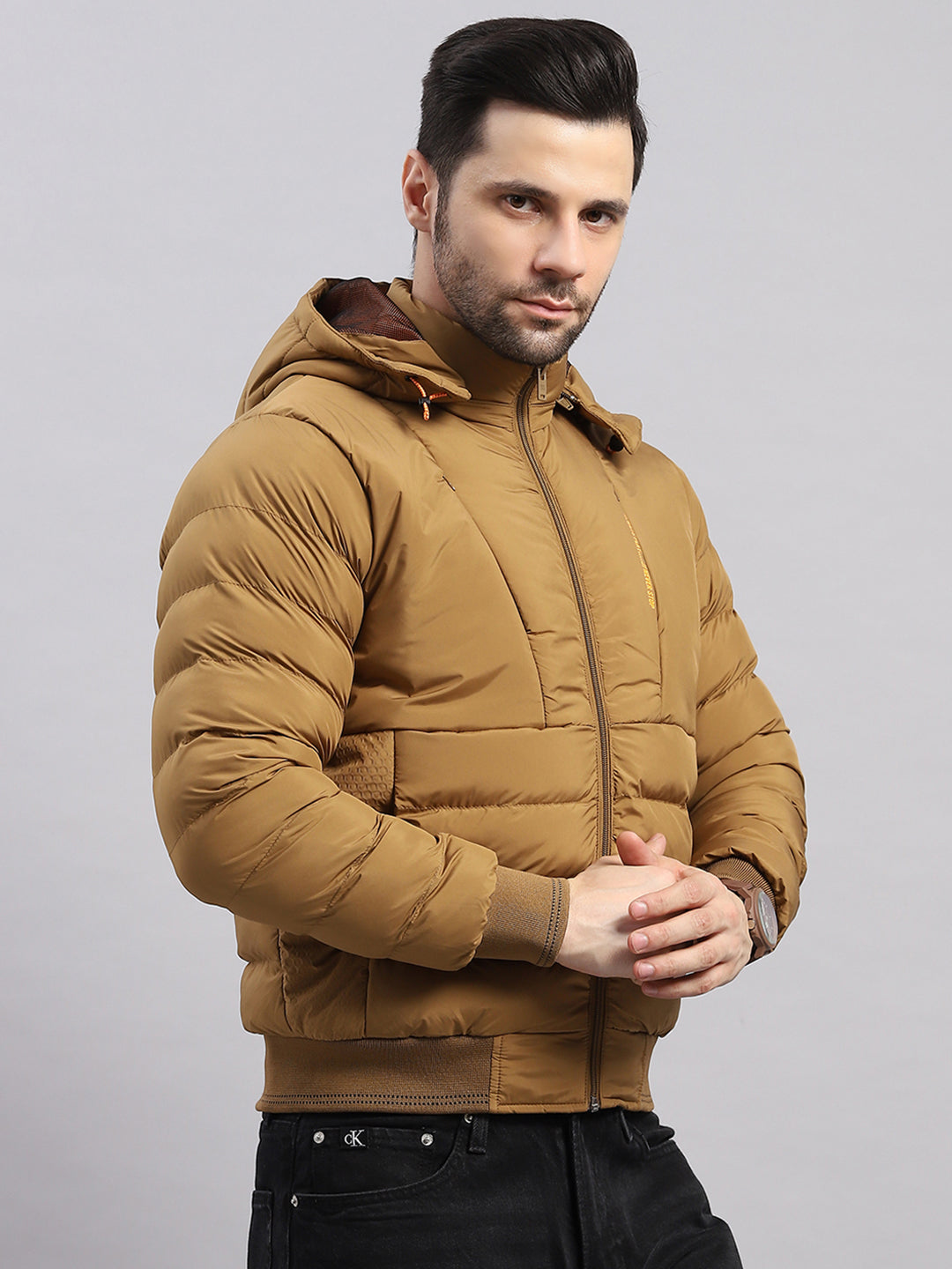 Men Khaki Solid Hooded Full Sleeve Jacket