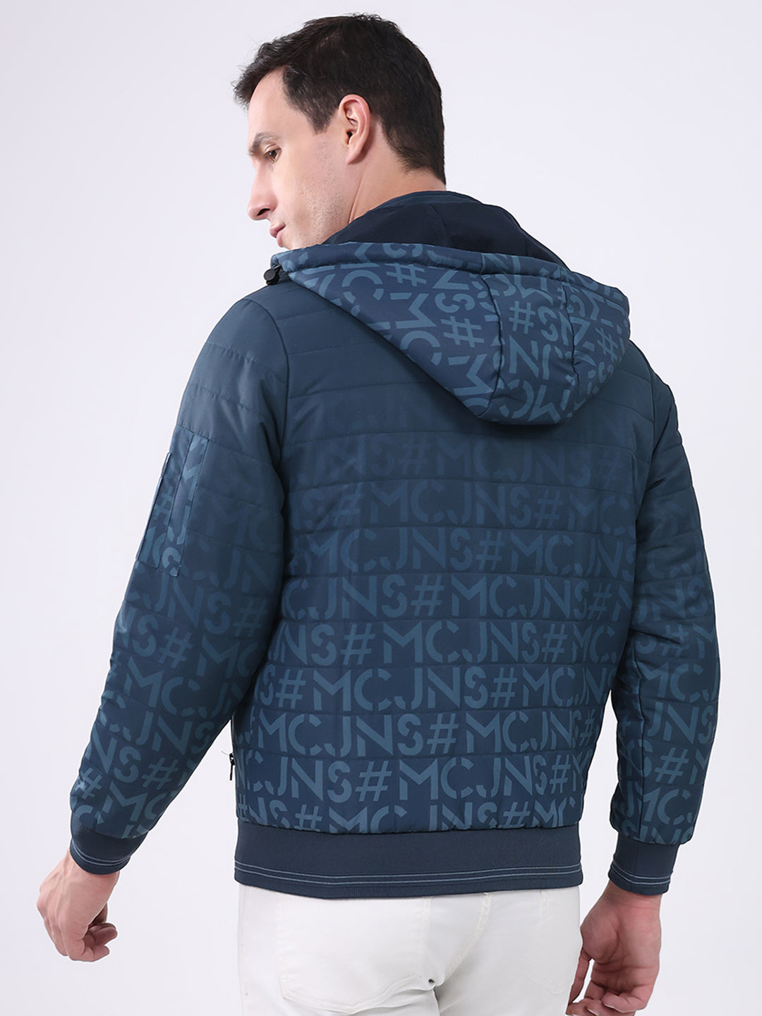 Men Navy Blue Printed Hooded Full Sleeve Jacket