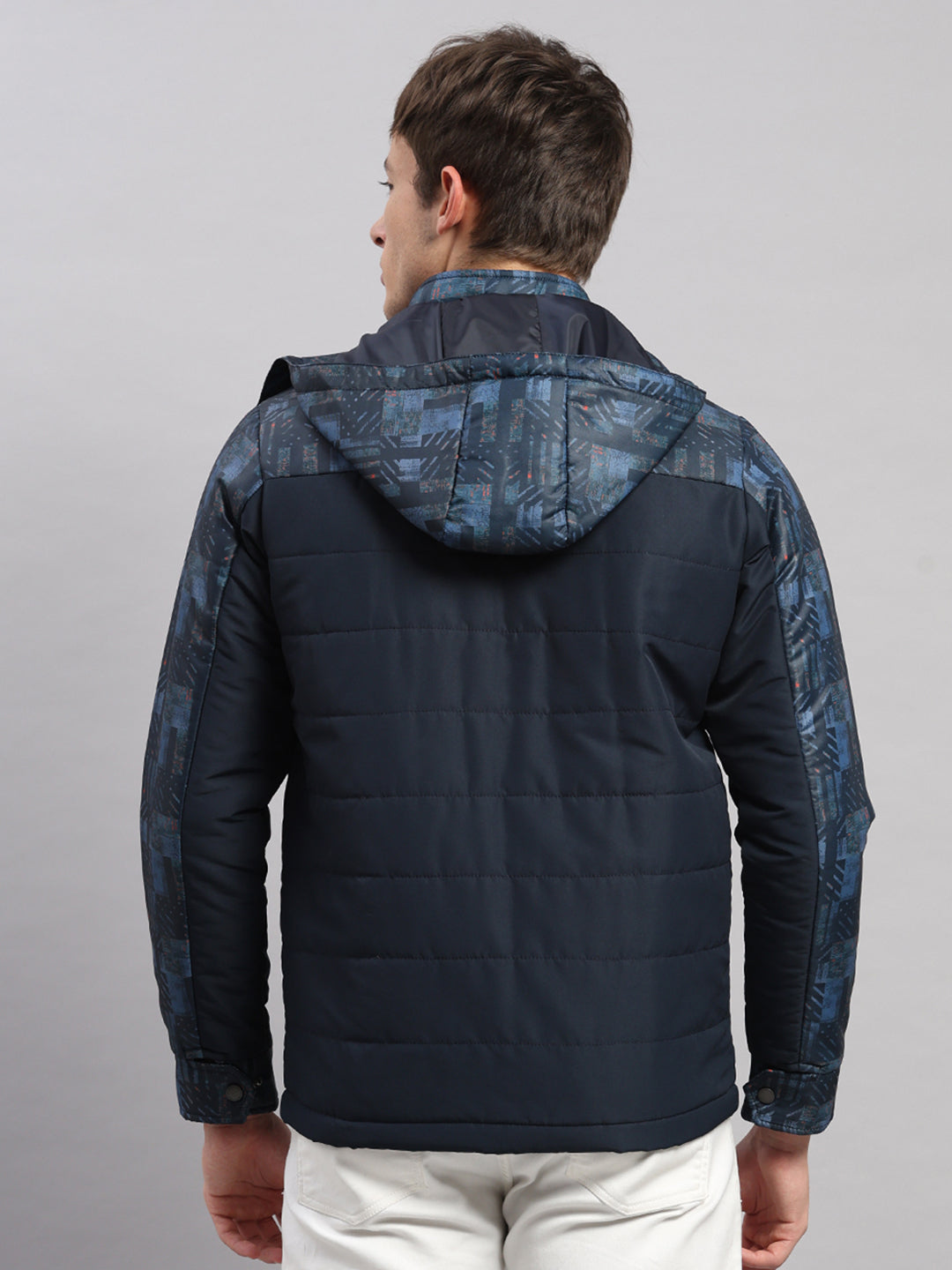 Men Navy Blue Solid Hooded Full Sleeve Jacket