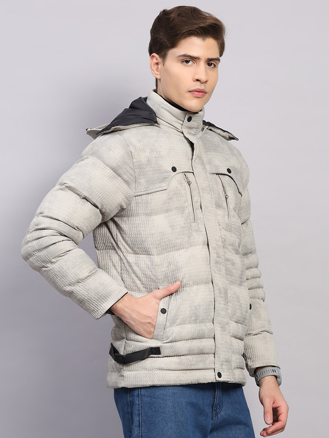Men Beige Solid Hooded Full Sleeve Jacket
