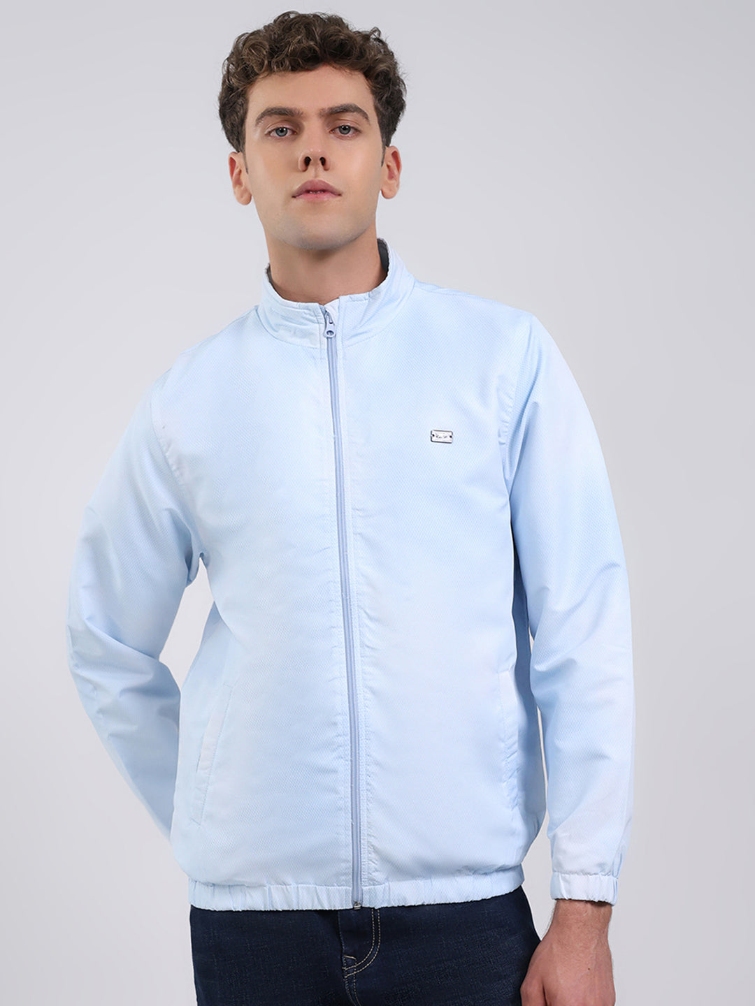 Men Sky Blue Solid Stand Collar Full Sleeve Jacket