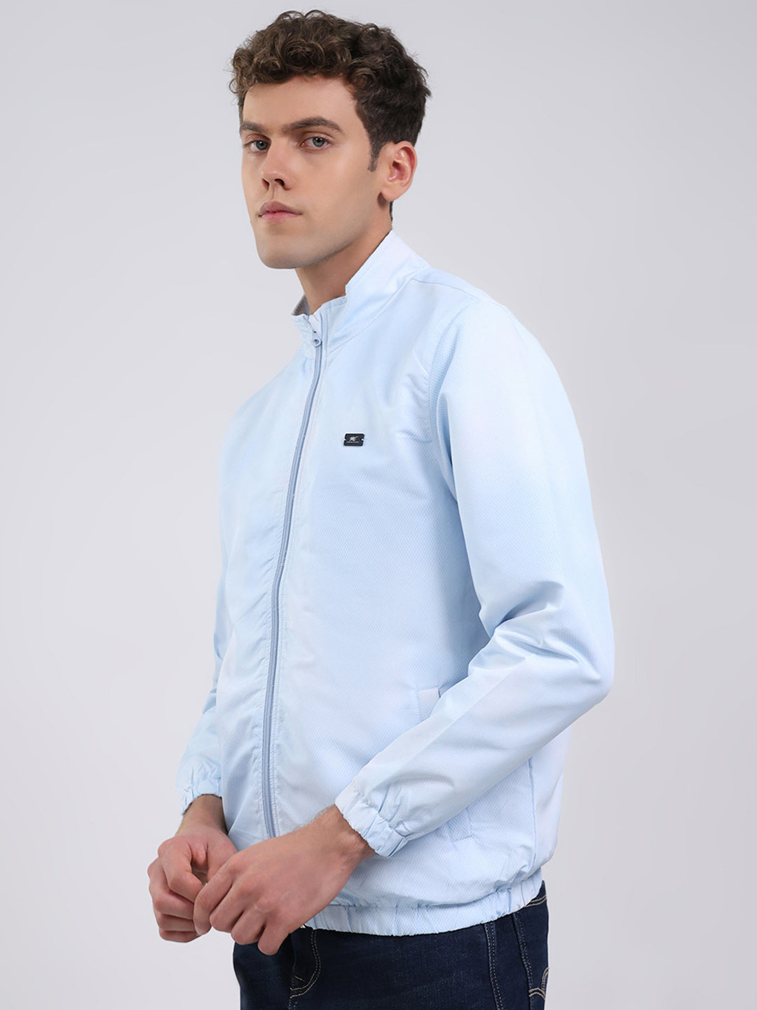 Men Sky Blue Solid Stand Collar Full Sleeve Jacket