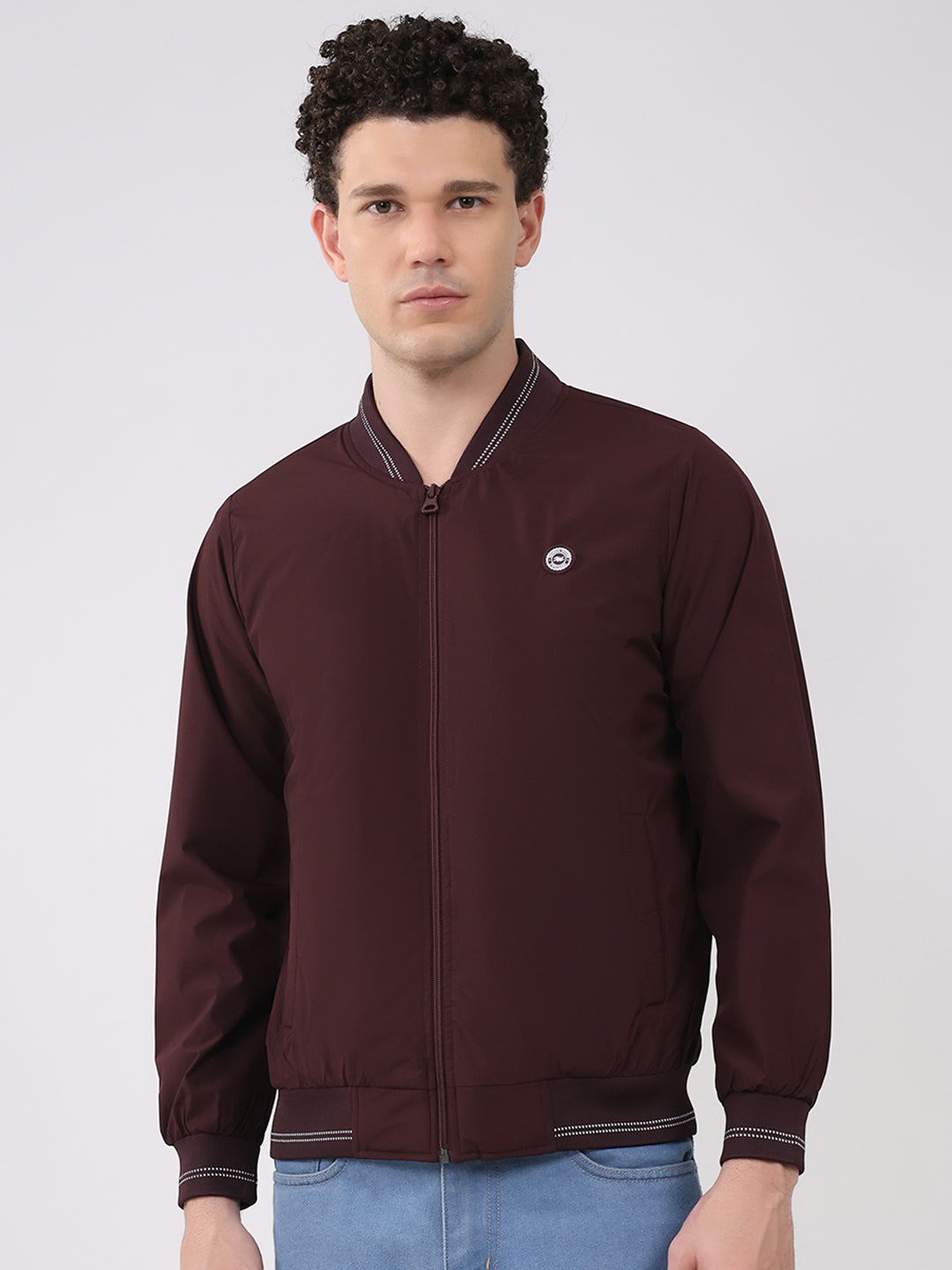 Men Burgundy Solid Collar Full Sleeve Jacket