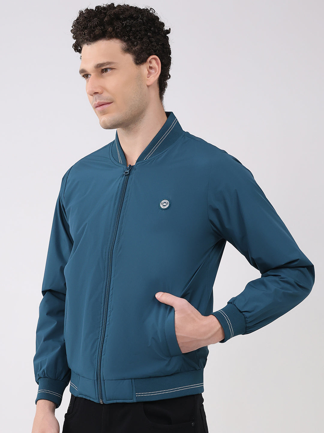Men Teal Blue Solid Collar Full Sleeve Jacket