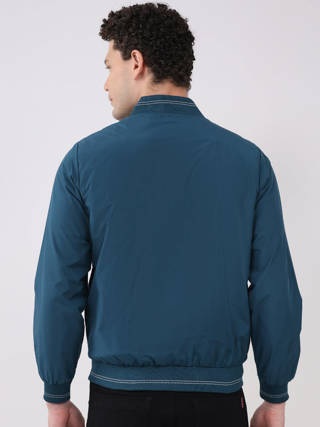 Men Teal Blue Solid Collar Full Sleeve Jacket