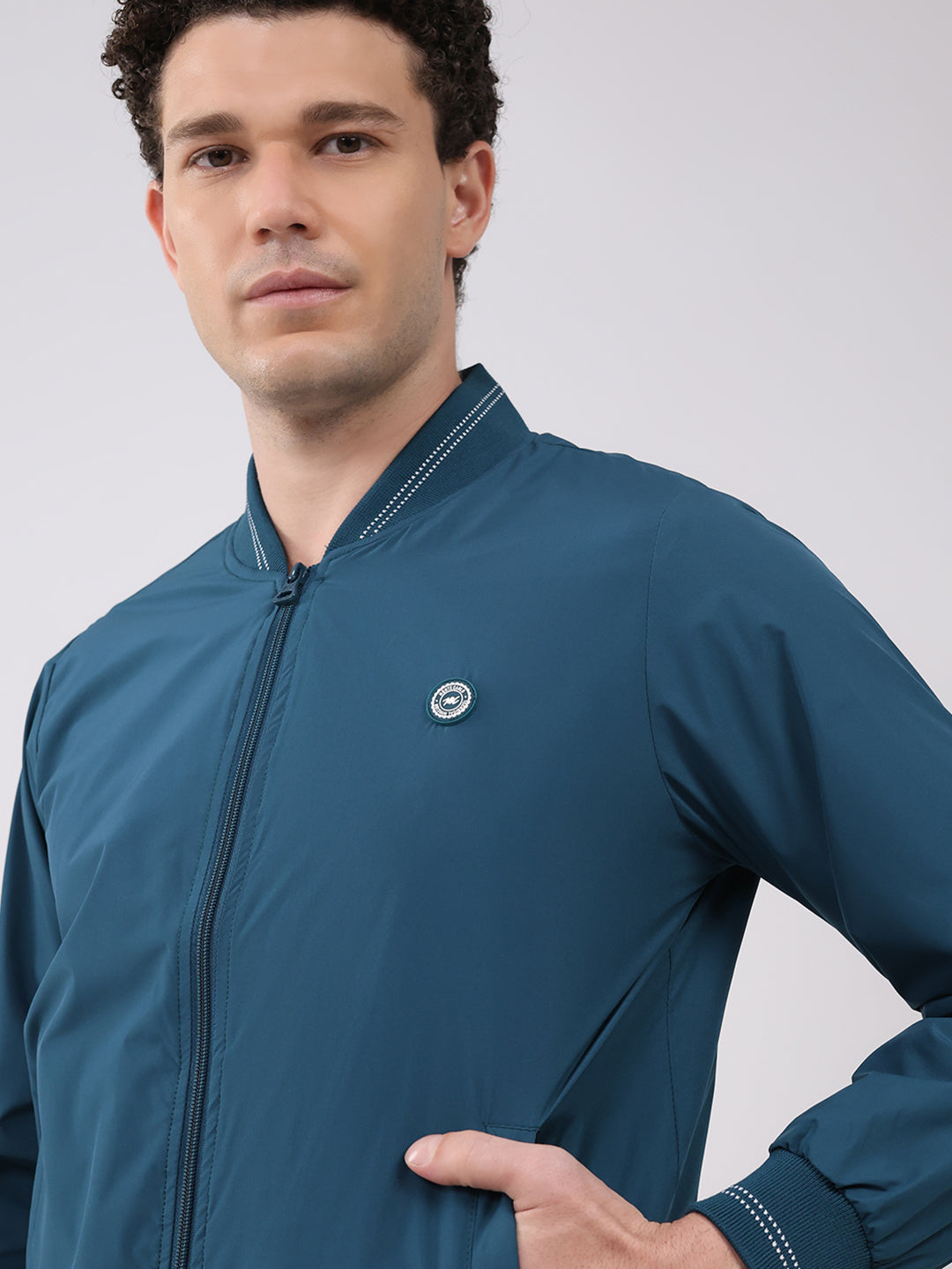 Men Teal Blue Solid Collar Full Sleeve Jacket