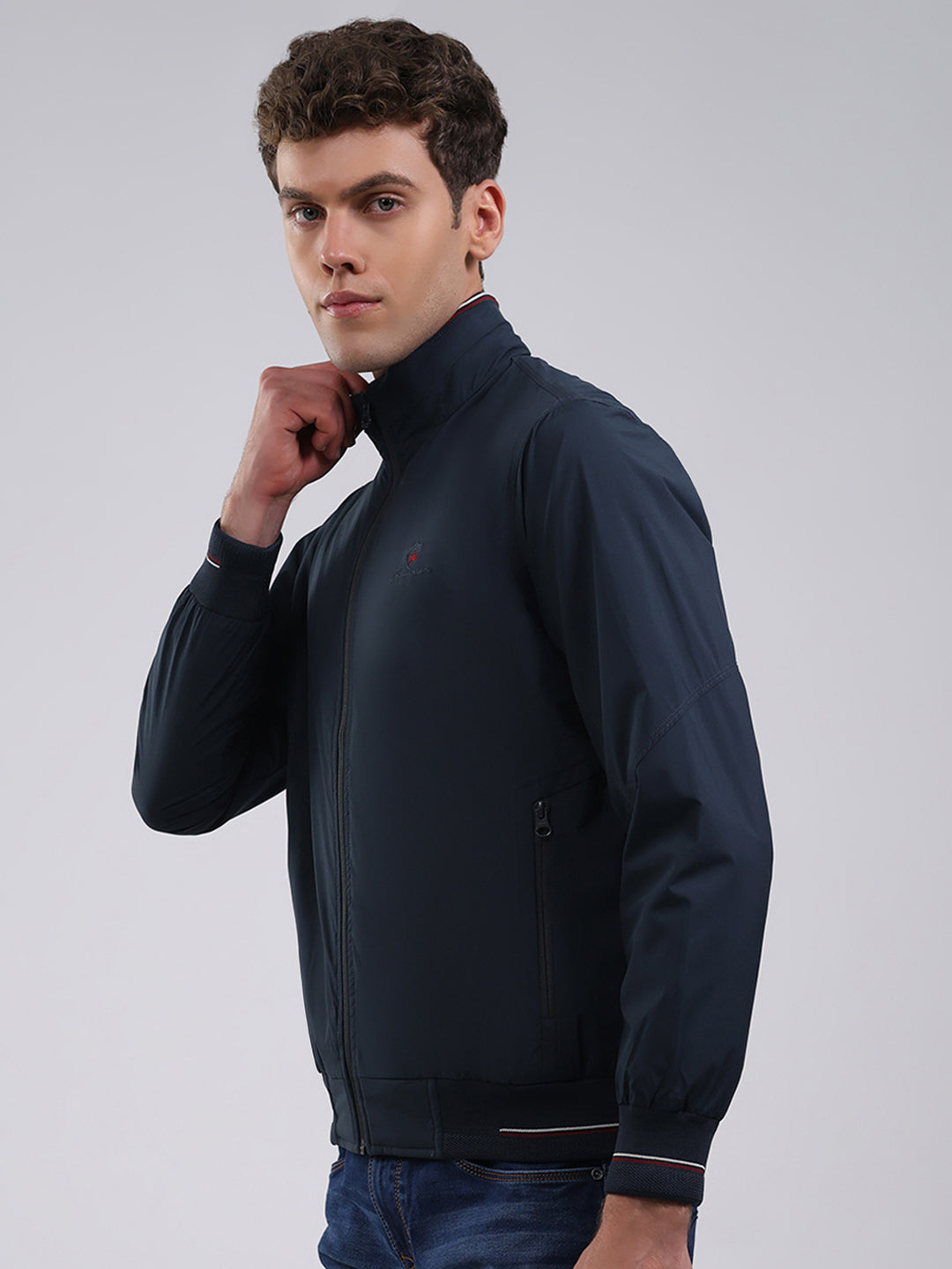 Men Navy Blue Solid Stand Collar Full Sleeve Jacket