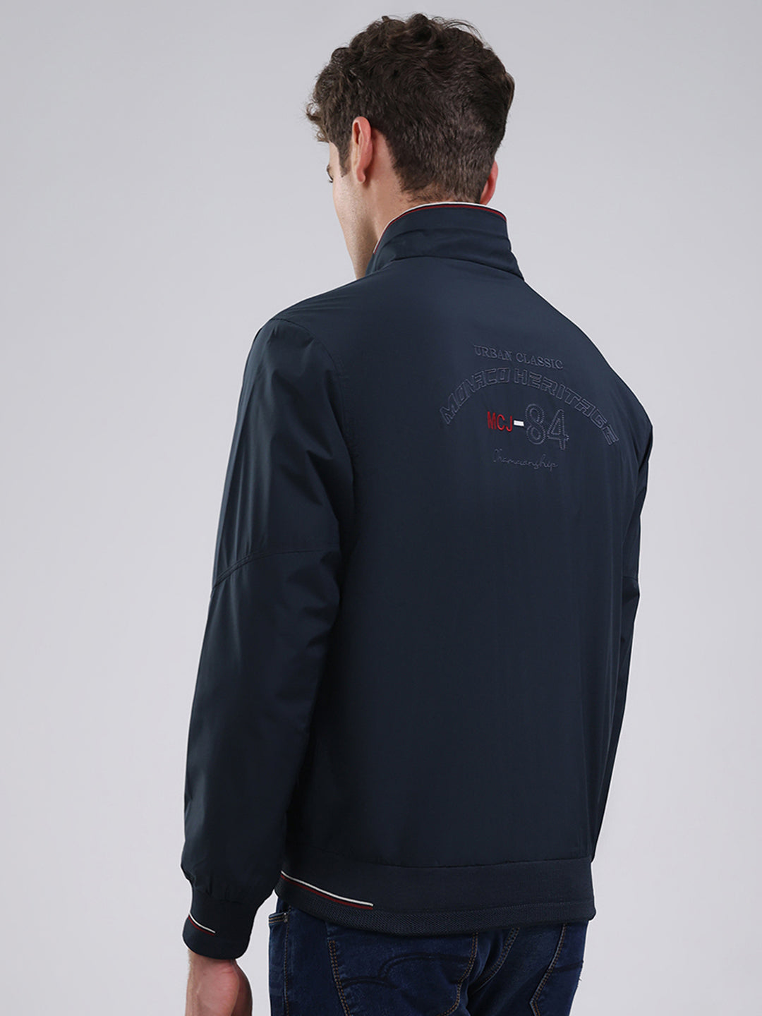 Men Navy Blue Solid Stand Collar Full Sleeve Jacket