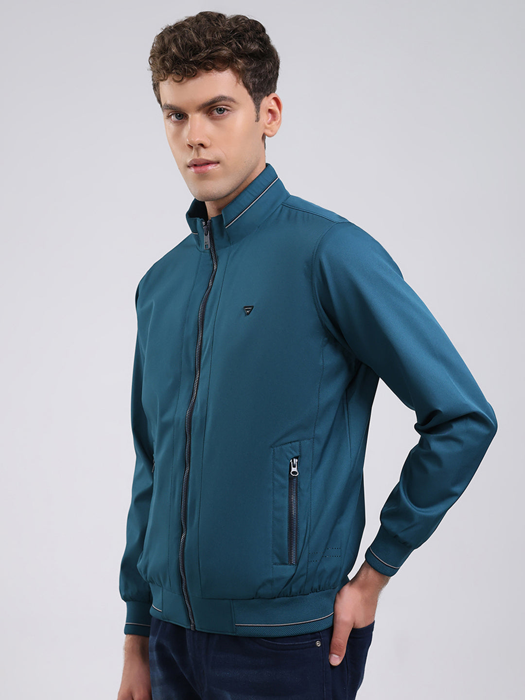 Men Teal Blue Solid Stand Collar Full Sleeve Jacket