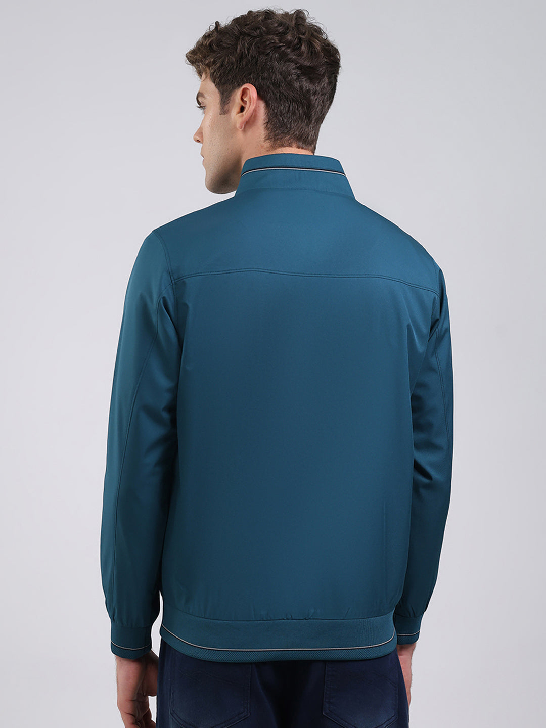 Men Teal Blue Solid Stand Collar Full Sleeve Jacket