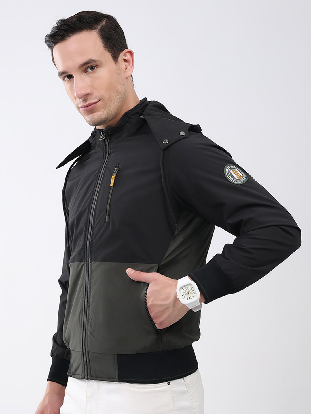 Men Olive Solid Detachable Hood Full Sleeve Jacket