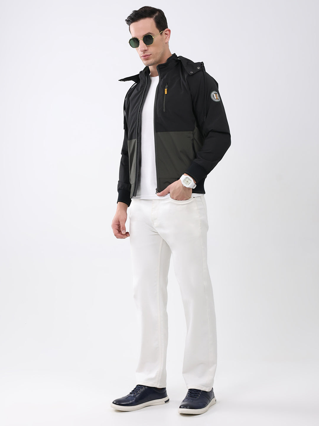 Men Olive Solid Detachable Hood Full Sleeve Jacket