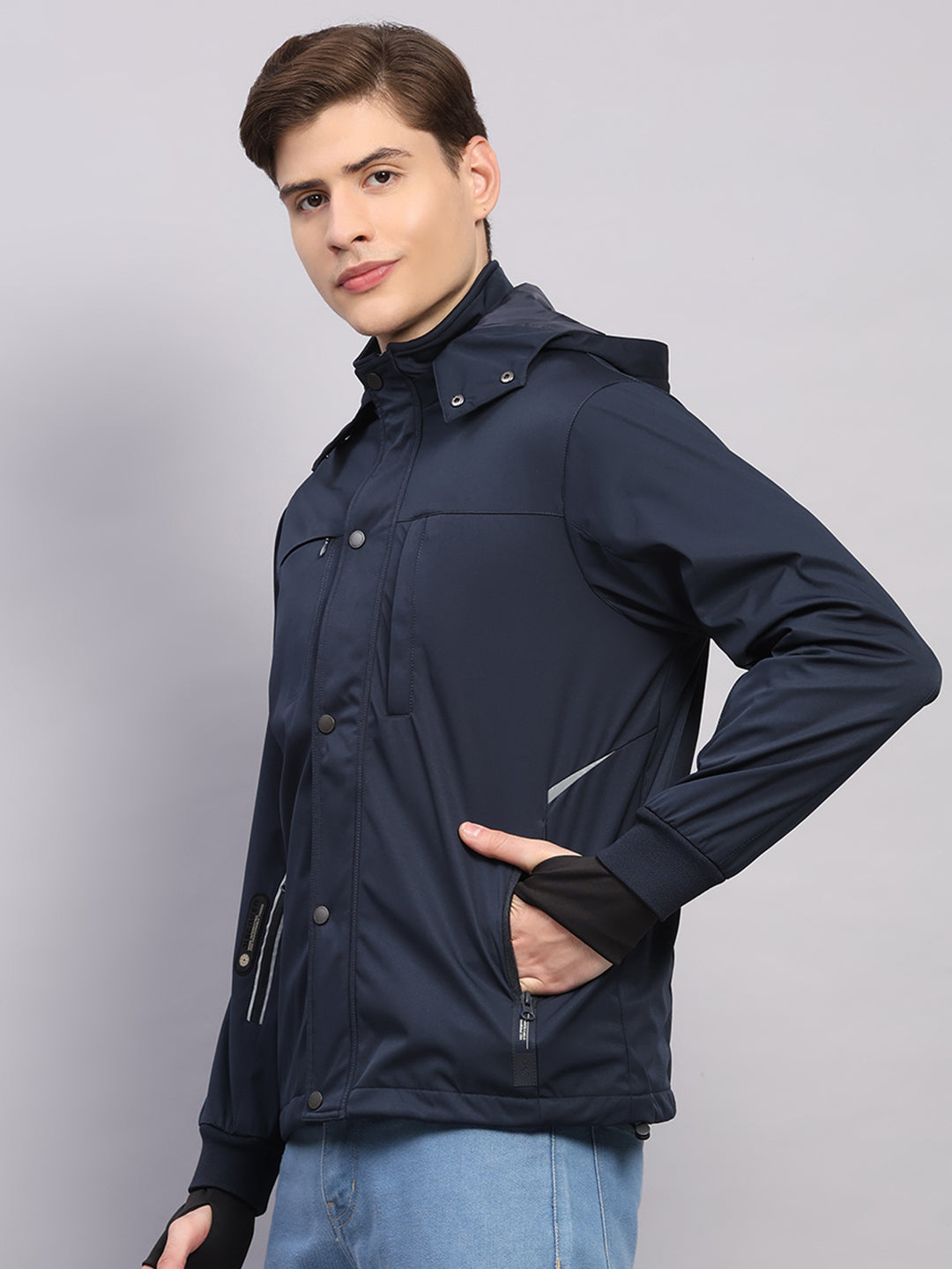 Men Navy Blue Solid Hooded Traveller Jacket With Night Visibility Reflective Strip