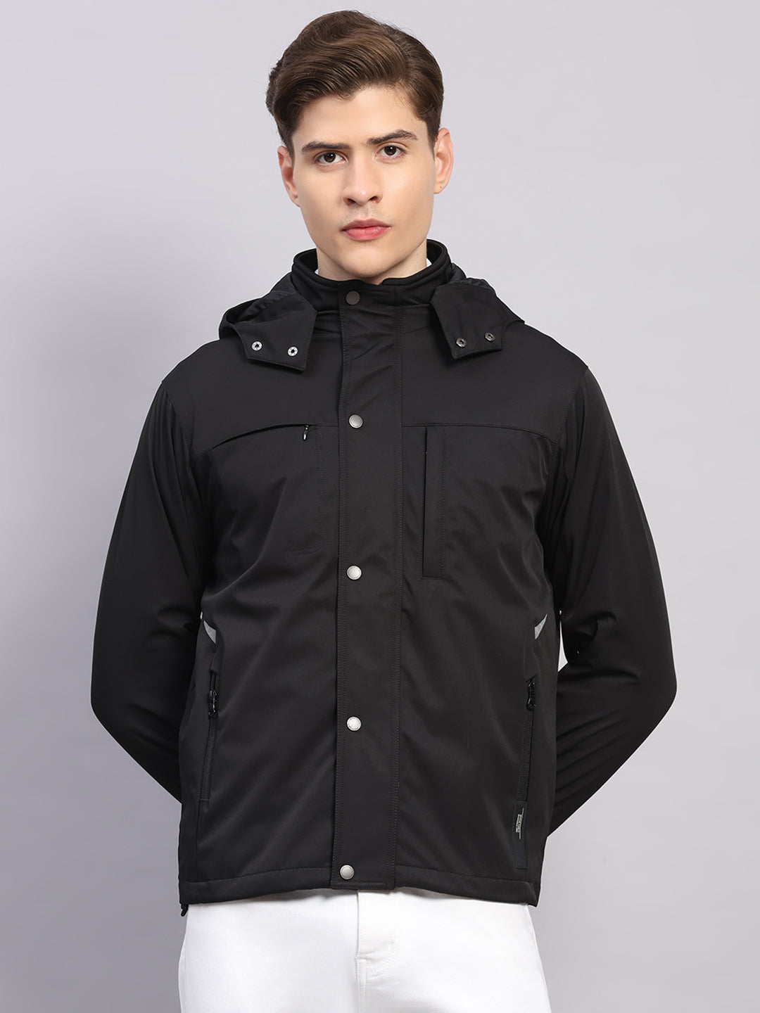 Men Black Solid Hooded Traveller Jacket With Night Visibility Reflective Strip