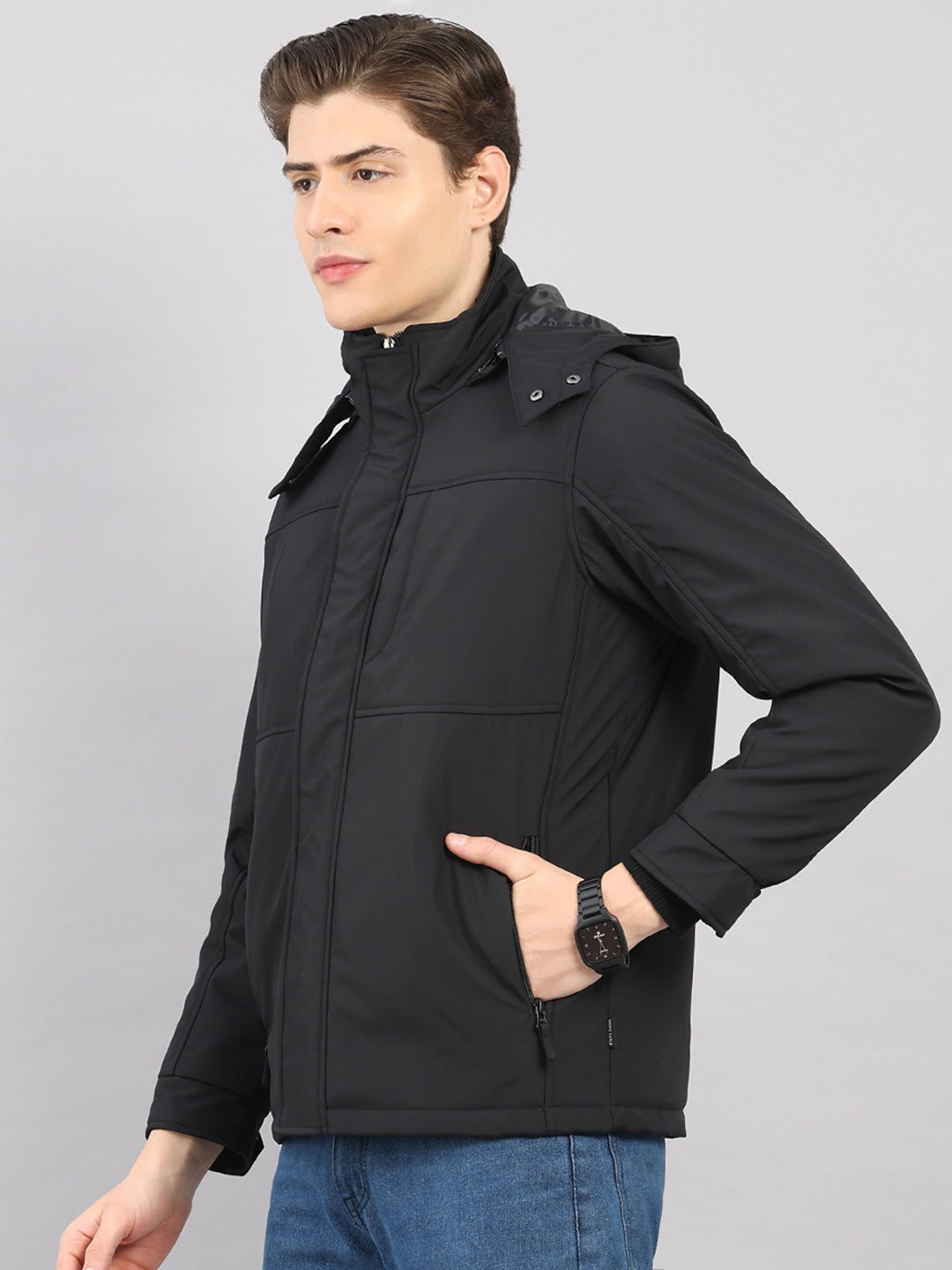 Men Black Solid 4 in 1 Convertible Hooded Jacket Wear It 4 Ways
