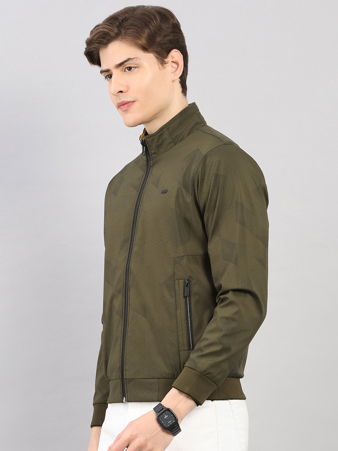 Men Olive Solid Stand Collar Full Sleeve Reversible Jacket