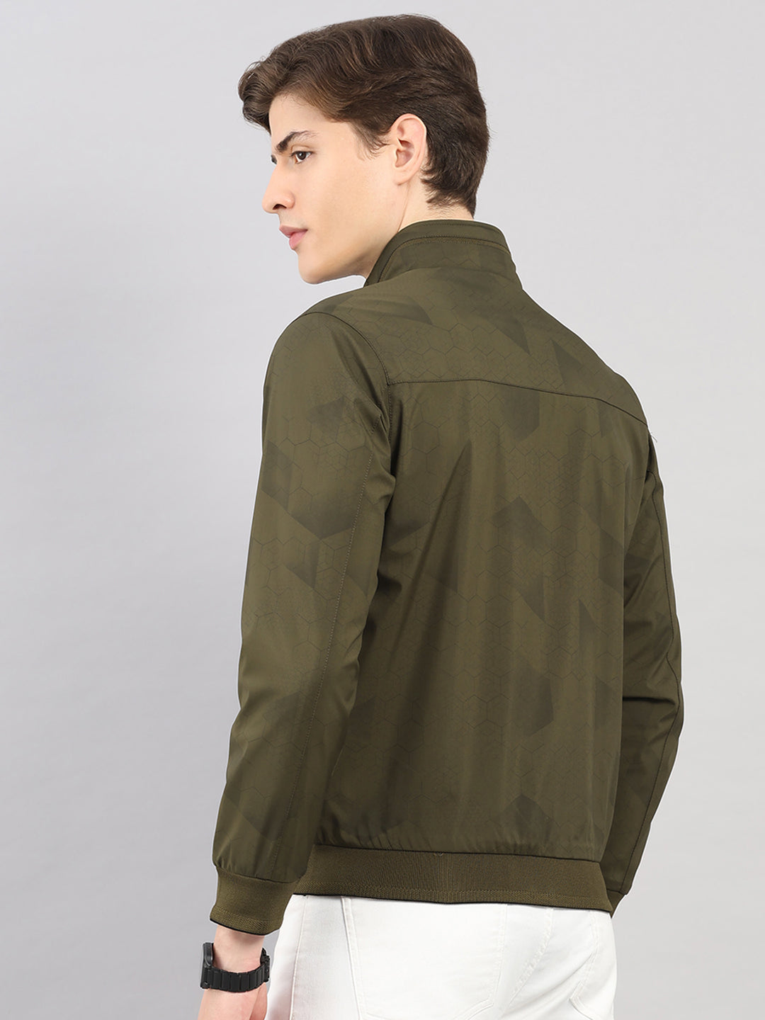 Men Olive Solid Stand Collar Full Sleeve Reversible Jacket