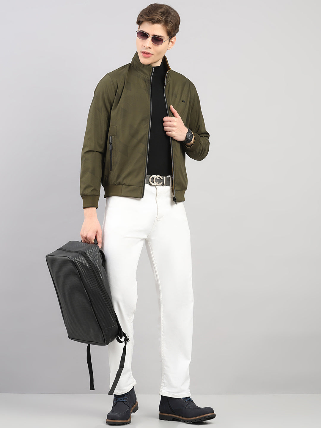 Men Olive Solid Stand Collar Full Sleeve Reversible Jacket