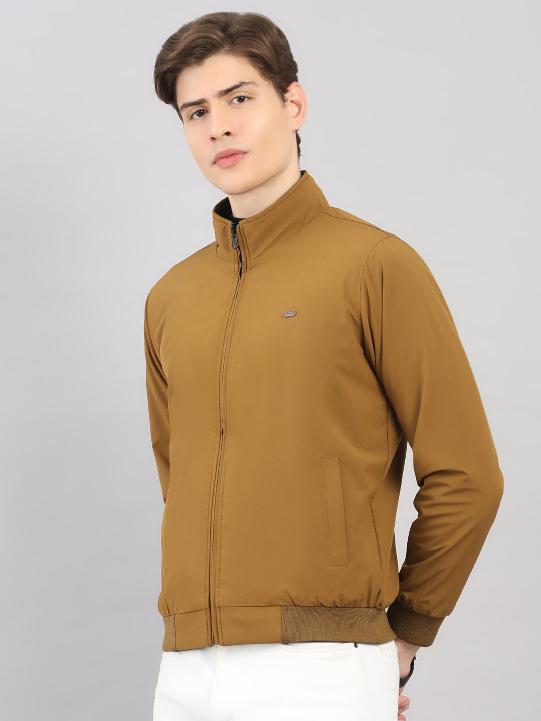 Men Olive Solid Stand Collar Full Sleeve Reversible Jacket