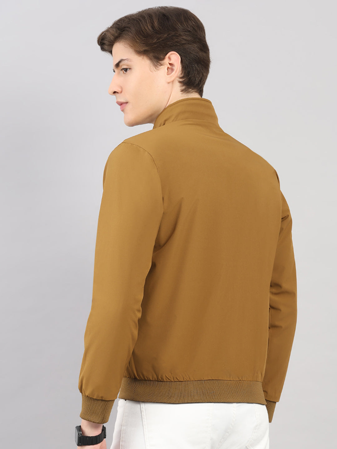 Men Olive Solid Stand Collar Full Sleeve Reversible Jacket