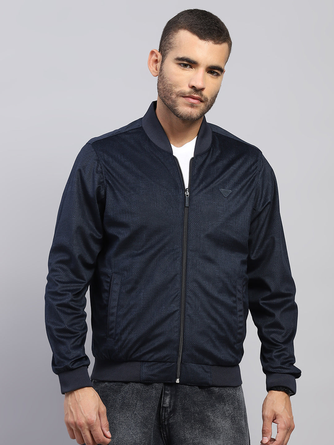 Men Navy Blue Solid Collar Full Sleeve Reversible Jacket