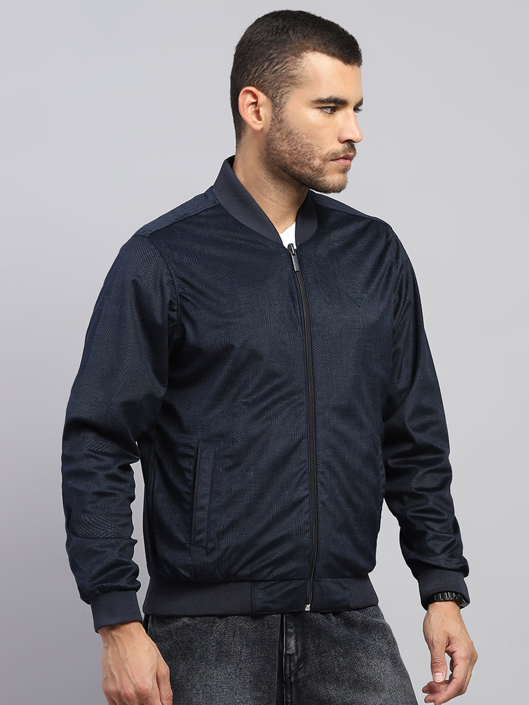 Men Navy Blue Solid Collar Full Sleeve Reversible Jacket