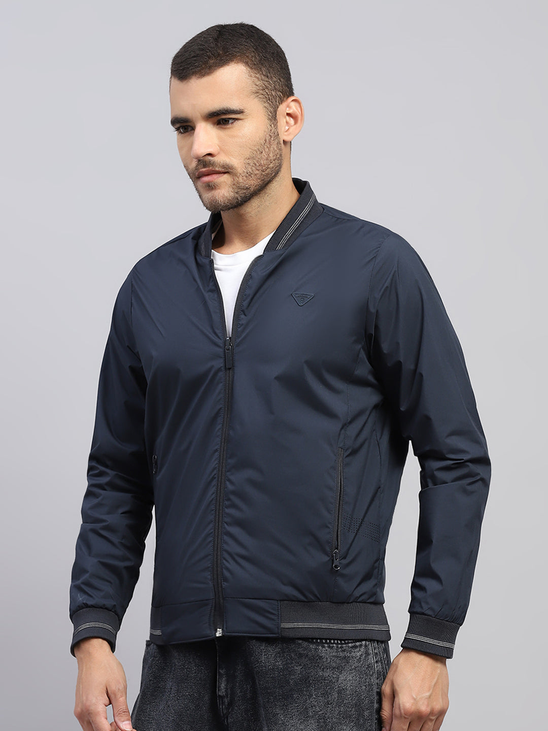 Men Navy Blue Solid Collar Full Sleeve Reversible Jacket