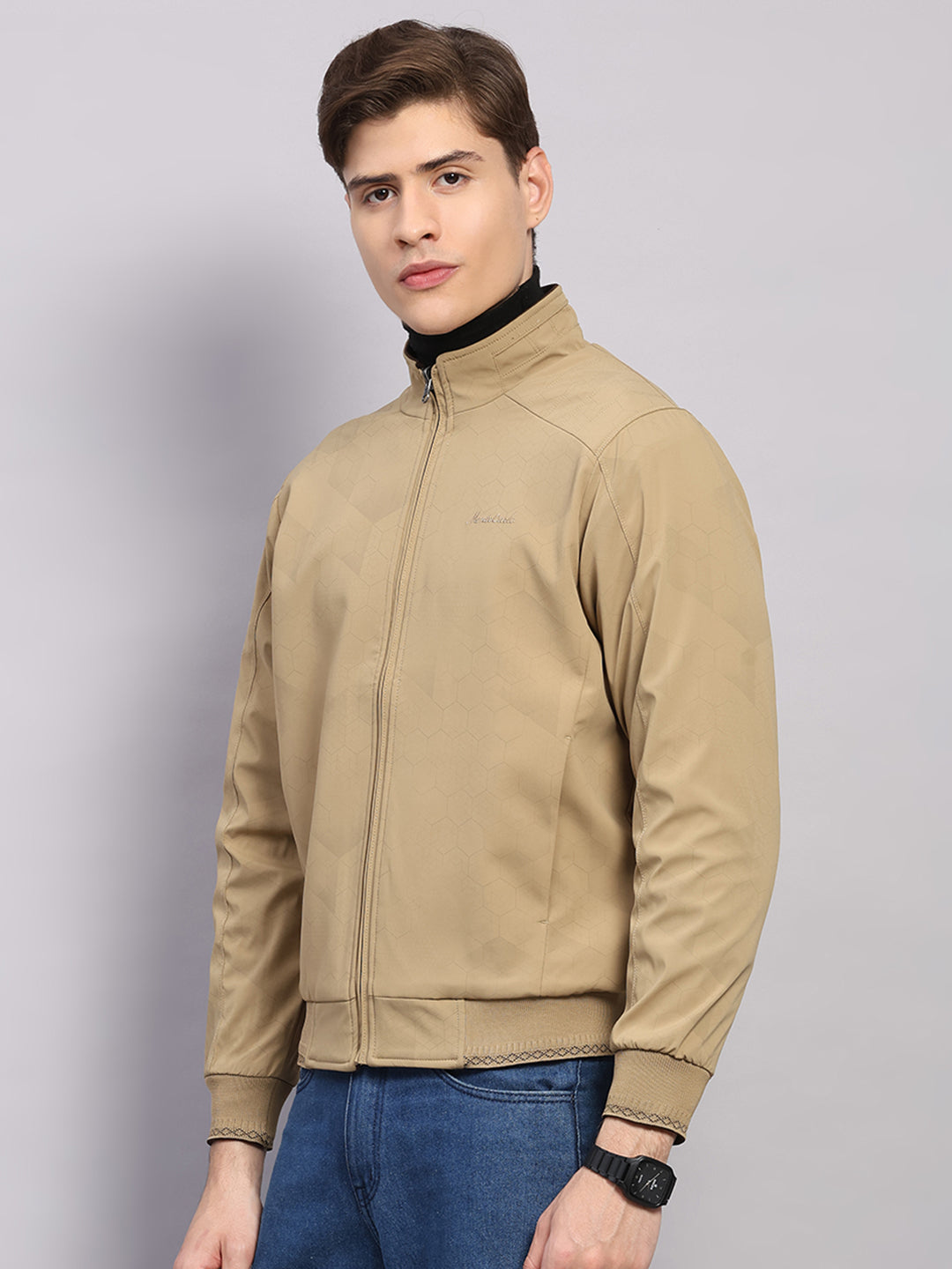 Men Khaki Solid Collar Full Sleeve Jacket