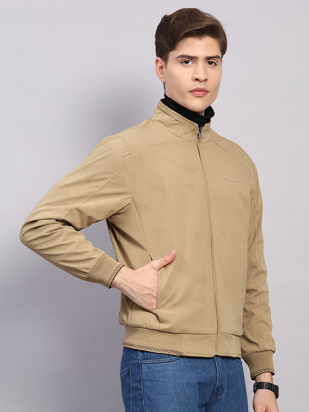 Men Khaki Solid Collar Full Sleeve Jacket