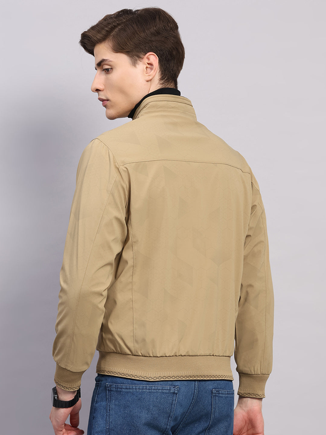 Men Khaki Solid Collar Full Sleeve Jacket