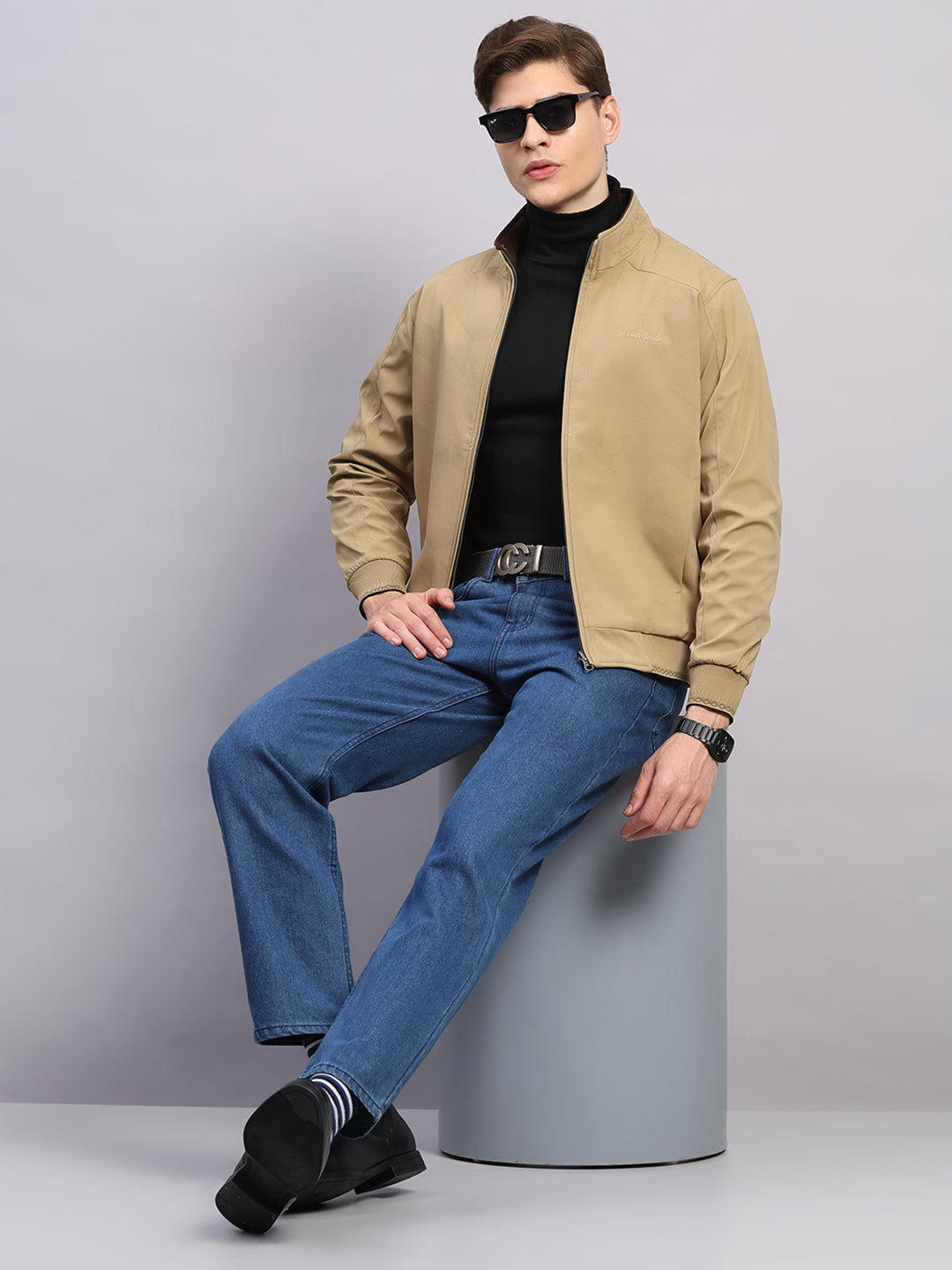Men Khaki Solid Collar Full Sleeve Jacket