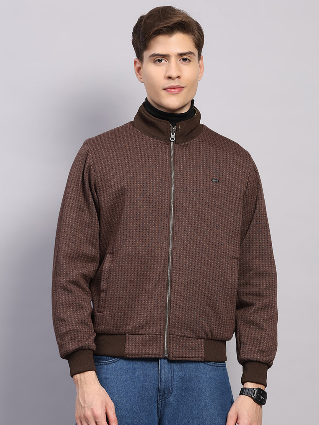 Men Khaki Solid Collar Full Sleeve Jacket