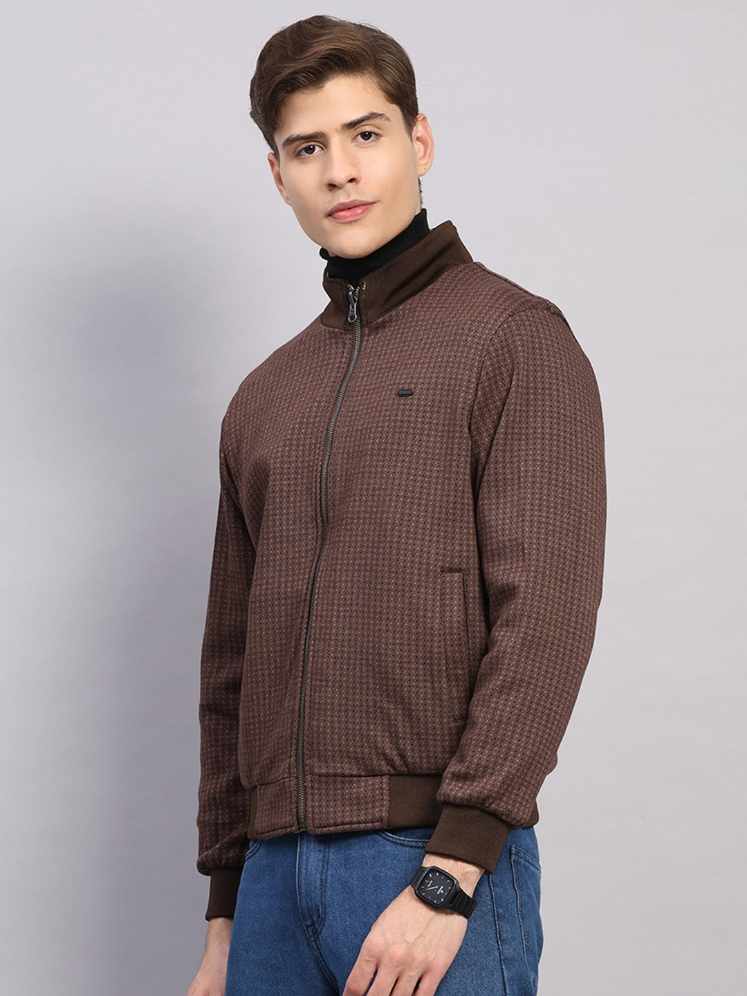 Men Khaki Solid Collar Full Sleeve Jacket