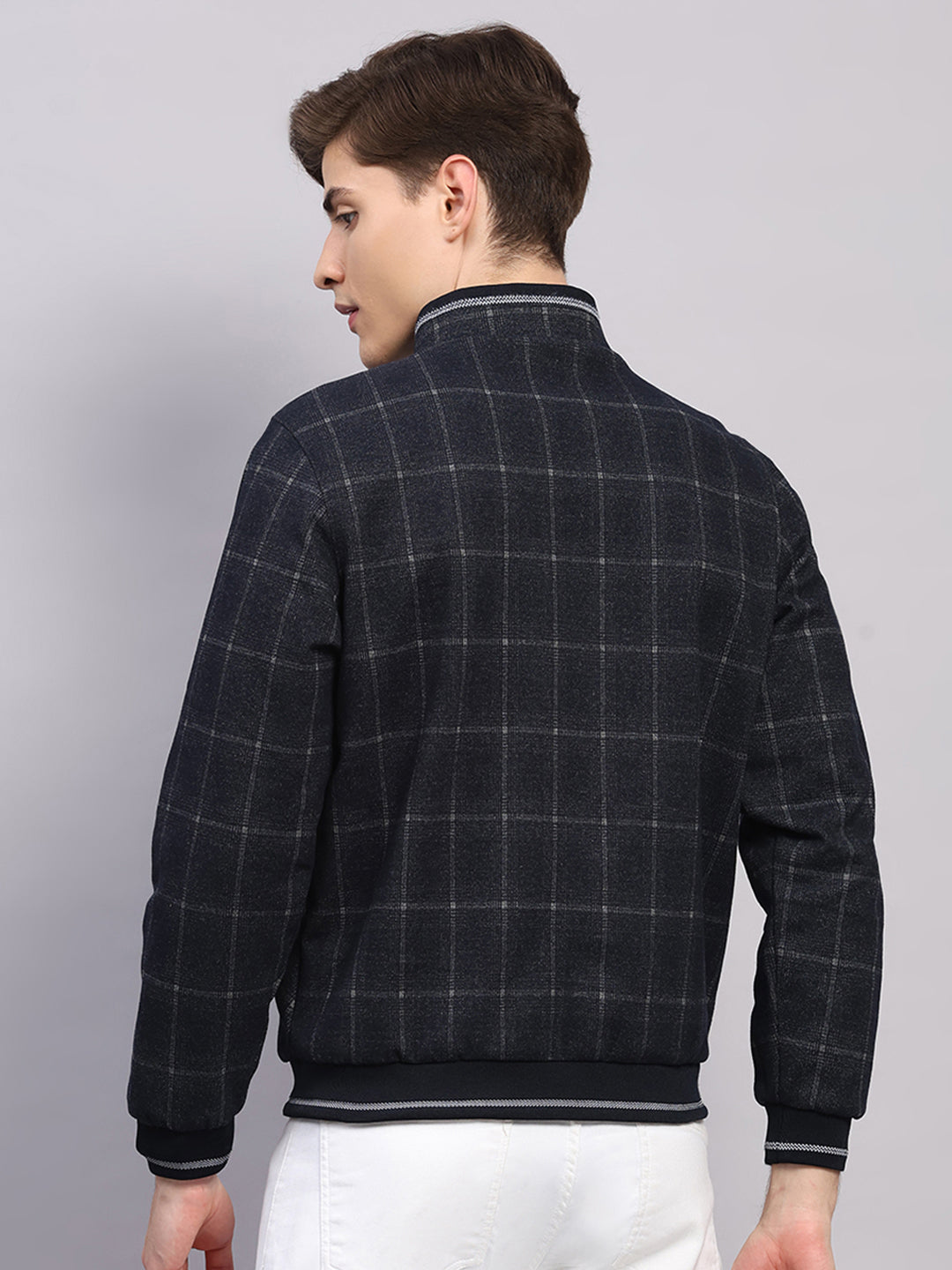 Men Navy Blue Solid Collar Full Sleeve Jacket